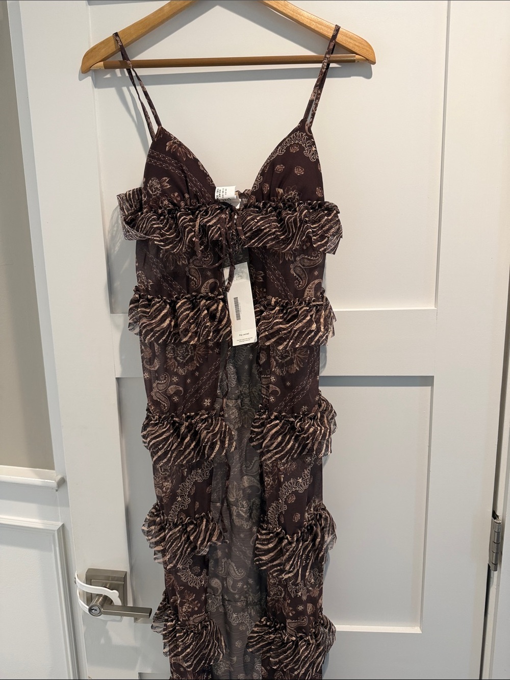 Agua Bendita Brown Paisley Ruffle Maxi Beach Coverup